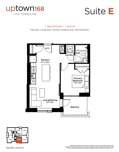 Floor plan for 1 bed, 1 bath, 536 sqft